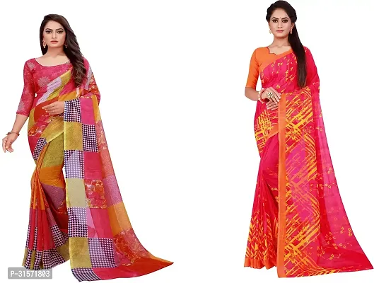 Stylish Georgette Multicoloured Printed Saree with Blouse piece For Women Pack Of 2-thumb0