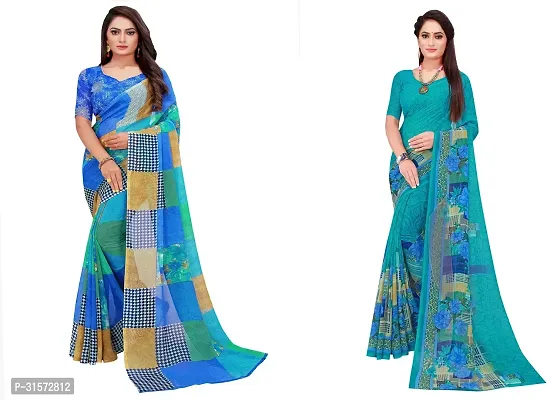 Stylish Georgette Blue Printed Saree with Blouse piece For Women Pack Of 2-thumb0