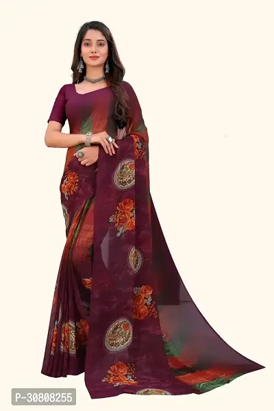 Stylish Maroon Georgette Saree With Blouse Piece For Women-thumb0