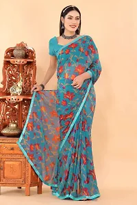 Stylish Turquoise Georgette Saree With Blouse Piece For Women-thumb1