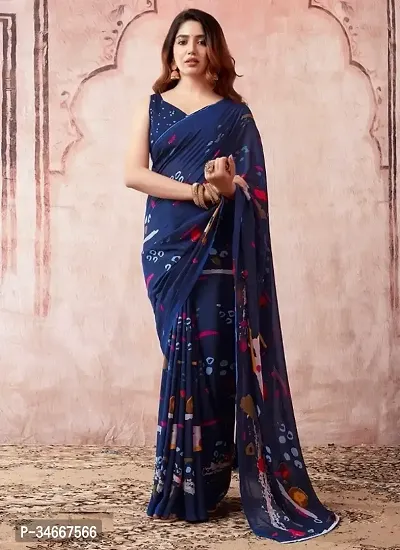 Stylish Navy Blue Georgette Printed Saree with Blouse Piece For Women-thumb0