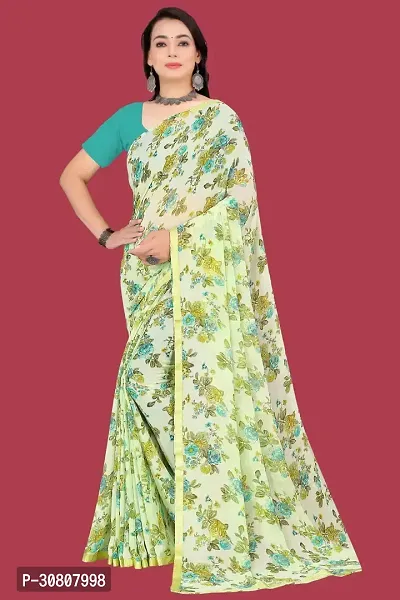 Stylish Green Chiffon Saree With Blouse Piece For Women-thumb0