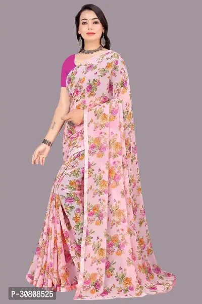 Stylish Pink Chiffon Saree With Blouse Piece For Women-thumb0