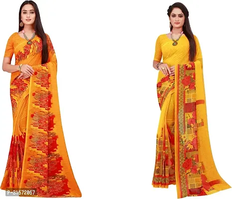 Stylish Georgette Yellow Printed Saree with Blouse piece For Women Pack Of 2