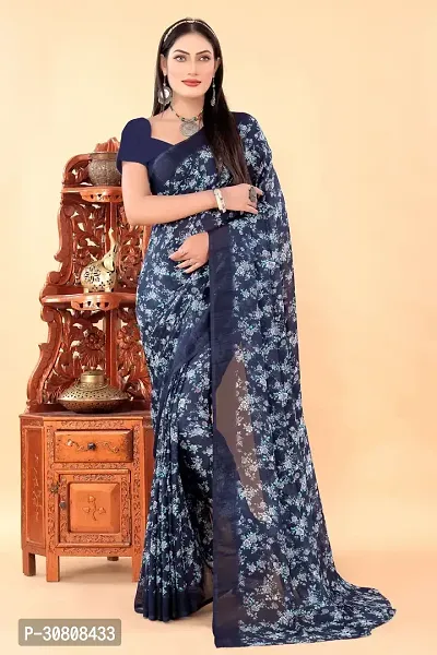 Stylish Navy Blue Georgette Saree Without Blouse Piece For Women