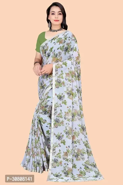 Stylish Grey Chiffon Saree With Blouse Piece For Women-thumb0