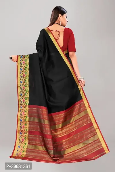 Stylish Black Cotton Saree With Blouse Piece For Women-thumb2