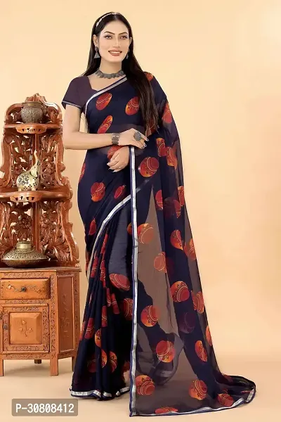 Stylish Navy Blue Georgette Saree With Blouse Piece For Women