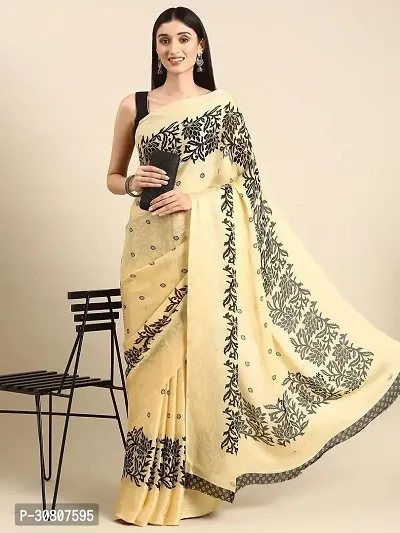 Stylish Beige Cotton Saree With Blouse Piece For Women