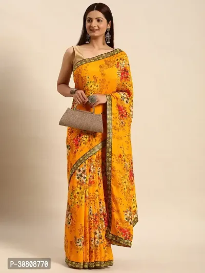 Stylish Yellow Chiffon Saree With Blouse Piece For Women-thumb3