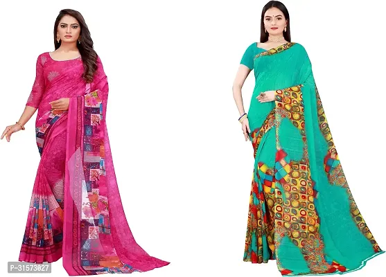 Stylish Georgette Multicoloured Printed Saree with Blouse piece For Women Pack Of 2-thumb0