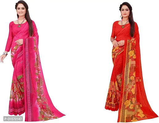 Stylish Georgette Multicoloured Printed Saree with Blouse piece For Women Pack Of 2-thumb0