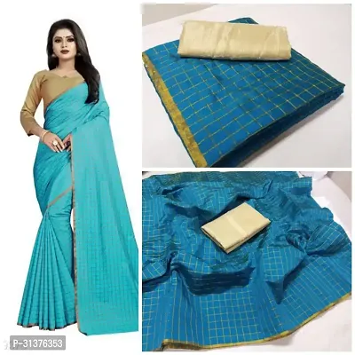 Stylish Blue Cotton Saree With Blouse Piece For Women