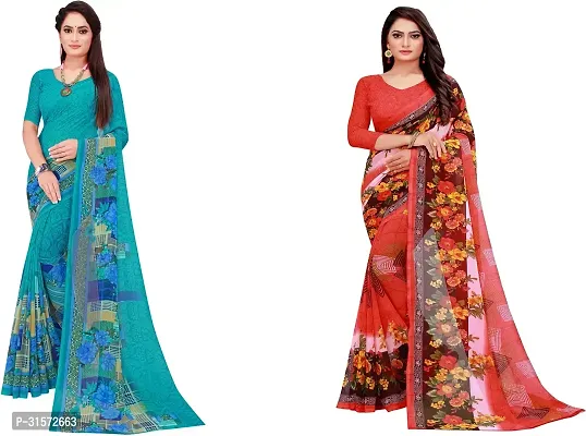 Stylish Georgette Multicoloured Printed Saree with Blouse piece For Women Pack Of 2-thumb0