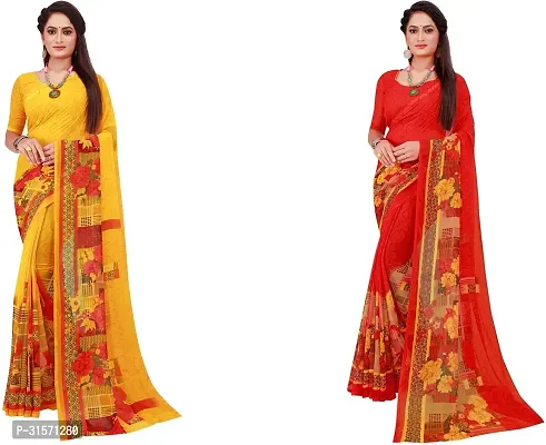 Stylish Georgette Multicoloured Printed Saree with Blouse piece For Women Pack Of 2-thumb0