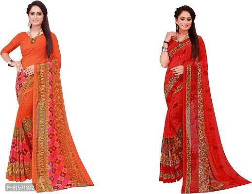 Stylish Georgette Multicoloured Printed Saree with Blouse piece For Women Pack Of 2-thumb0