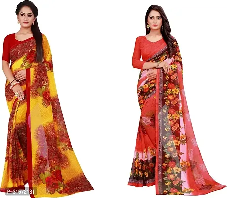 Stylish Georgette Multicoloured Printed Saree with Blouse piece For Women Pack Of 2-thumb0