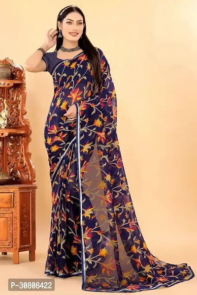 Stylish Navy Blue Georgette Saree With Blouse Piece For Women