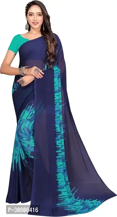 Stylish Navy Blue Georgette Saree With Blouse Piece For Women