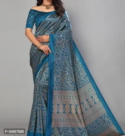 Stylish Blue Art Silk Printed Saree with Blouse Piece For Women