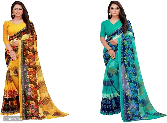 Stylish Georgette Multicoloured Printed Saree with Blouse piece For Women Pack Of 2-thumb0