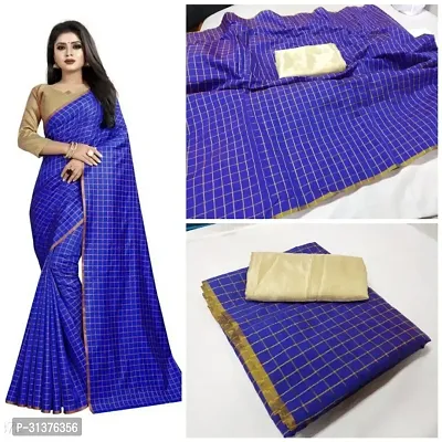 Stylish Blue Cotton Saree With Blouse Piece For Women-thumb0