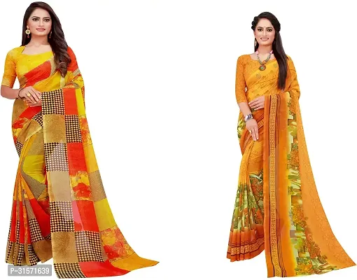 Stylish Georgette Yellow Printed Saree with Blouse piece For Women Pack Of 2-thumb0