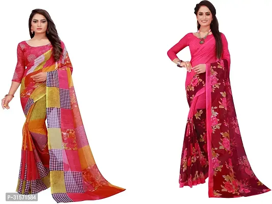 Stylish Georgette Multicoloured Printed Saree with Blouse piece For Women Pack Of 2