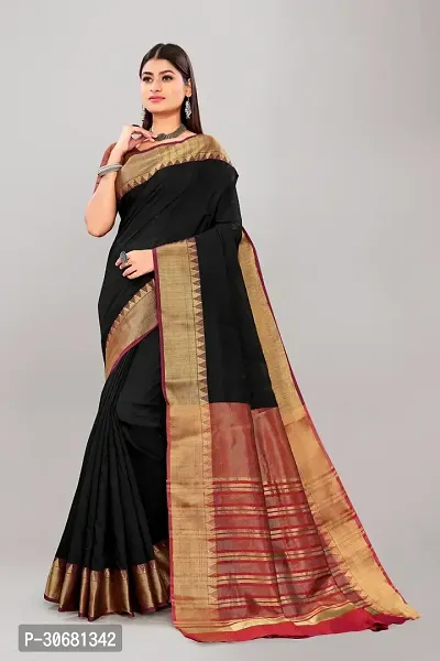 Stylish Black Cotton Saree With Blouse Piece For Women