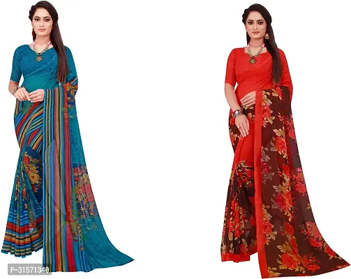 Stylish Georgette Multicoloured Printed Saree with Blouse piece For Women Pack Of 2-thumb0