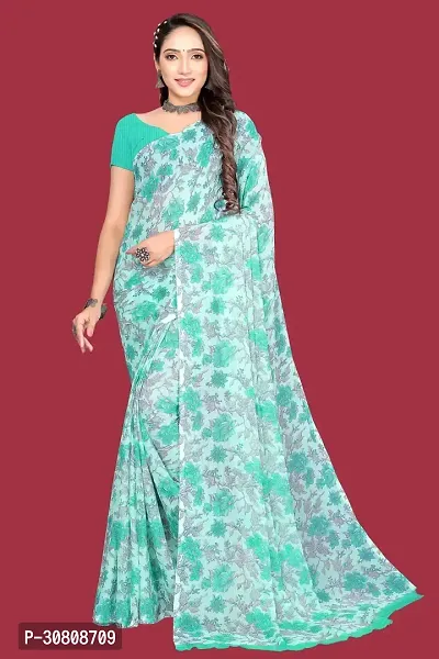 Stylish Turquoise Chiffon Saree With Blouse Piece For Women-thumb0