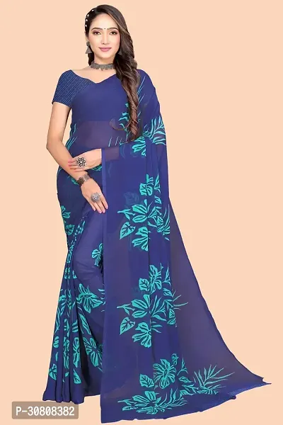 Stylish Navy Blue Chiffon Saree With Blouse Piece For Women