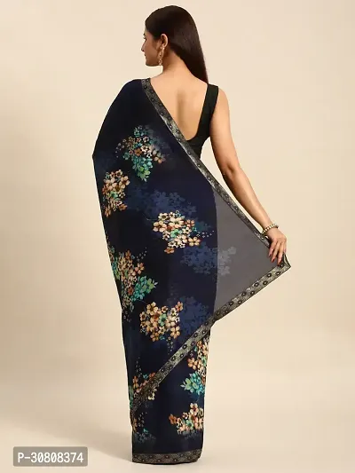 Stylish Navy Blue Chiffon Saree With Blouse Piece For Women-thumb2