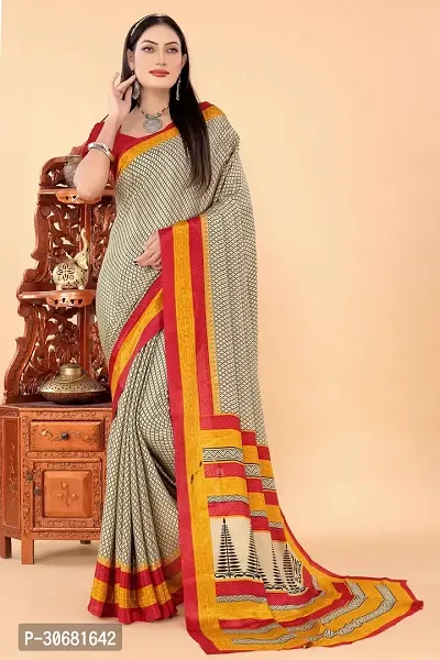 Stylish Beige Pure Silk Saree With Blouse Piece For Women-thumb0