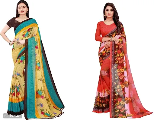 Stylish Georgette Multicoloured Printed Saree with Blouse piece For Women Pack Of 2-thumb0