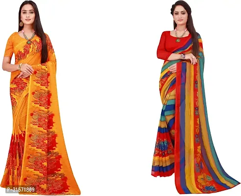 Stylish Georgette Multicoloured Printed Saree with Blouse piece For Women Pack Of 2-thumb0