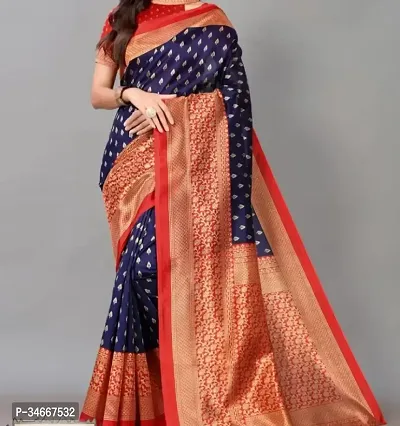 Stylish Navy Blue Art Silk Printed Saree with Blouse Piece For Women-thumb0