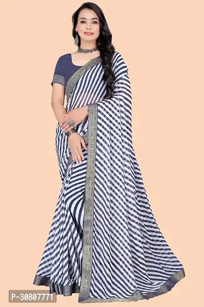 Stylish Blue Chiffon Saree With Blouse Piece For Women-thumb0