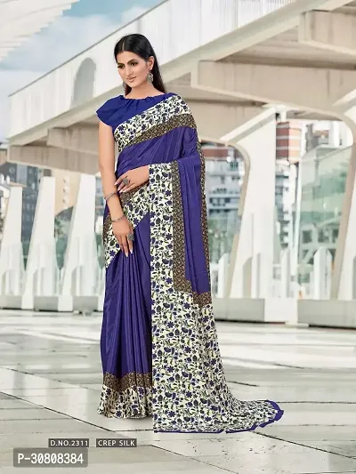 Stylish Navy Blue Crepe Saree With Blouse Piece For Women-thumb0