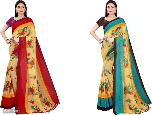 Stylish Georgette Multicoloured Printed Saree with Blouse piece For Women Pack Of 2-thumb0