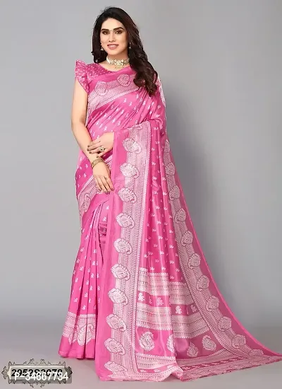 Stylish Pink Art Silk Printed Saree with Blouse Piece For Women-thumb0