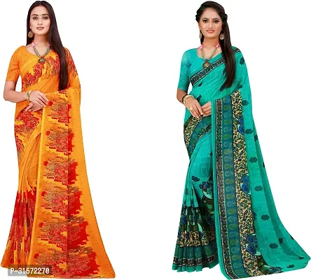 Stylish Georgette Multicoloured Printed Saree with Blouse piece For Women Pack Of 2-thumb0