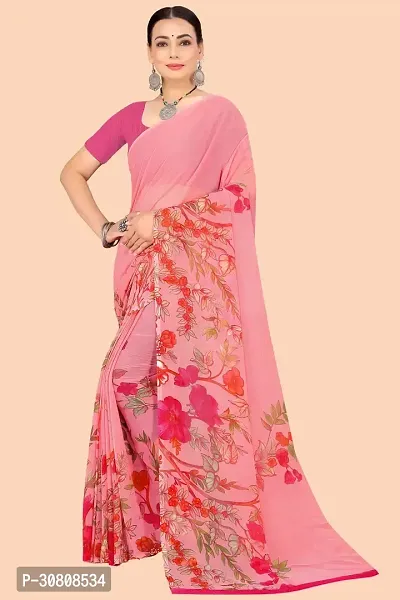 Stylish Pink Chiffon Saree With Blouse Piece For Women-thumb0