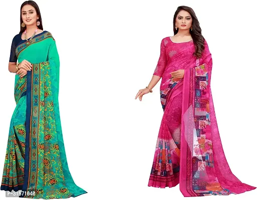 Stylish Georgette Multicoloured Printed Saree with Blouse piece For Women Pack Of 2-thumb0