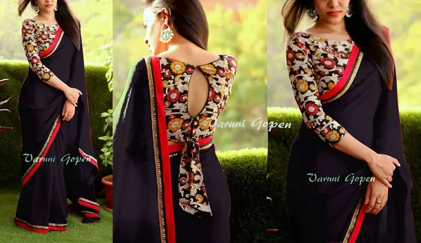 Georgette Sarees with Fancy Lace & Kalamkari Blouse