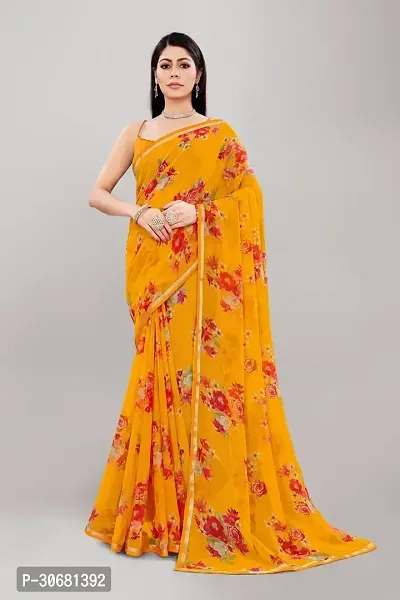 Stylish Yellow Georgette Saree With Blouse Piece For Women-thumb0