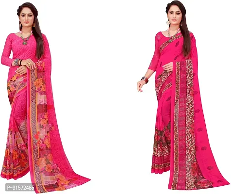 Stylish Georgette Pink Printed Saree with Blouse piece For Women Pack Of 2-thumb0