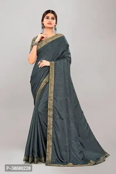 Stylish Grey Silk Blend Saree With Blouse Piece For Women