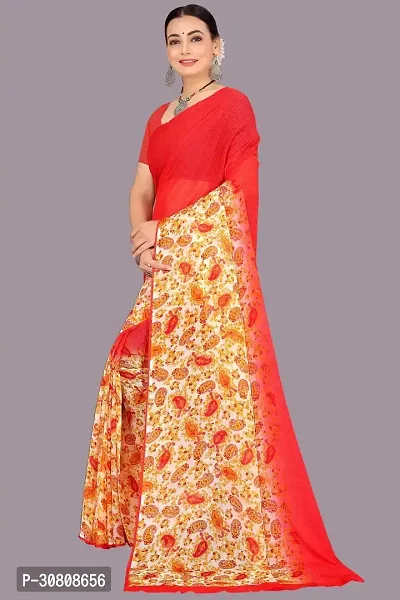 Stylish Red Chiffon Saree With Blouse Piece For Women-thumb3