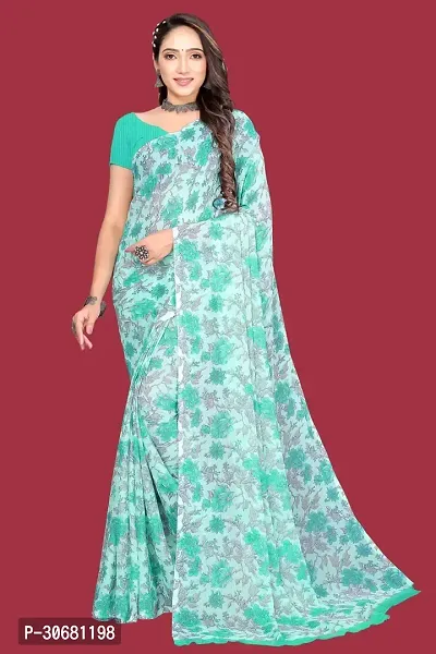 Stylish Turquoise Chiffon Saree With Blouse Piece For Women-thumb0